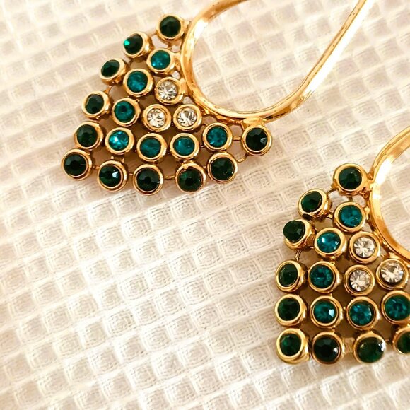 Teardrop Ombre Mesh Dangle Earrings Gold Tone Multi Color Rhinestone - Picture 3 of 7